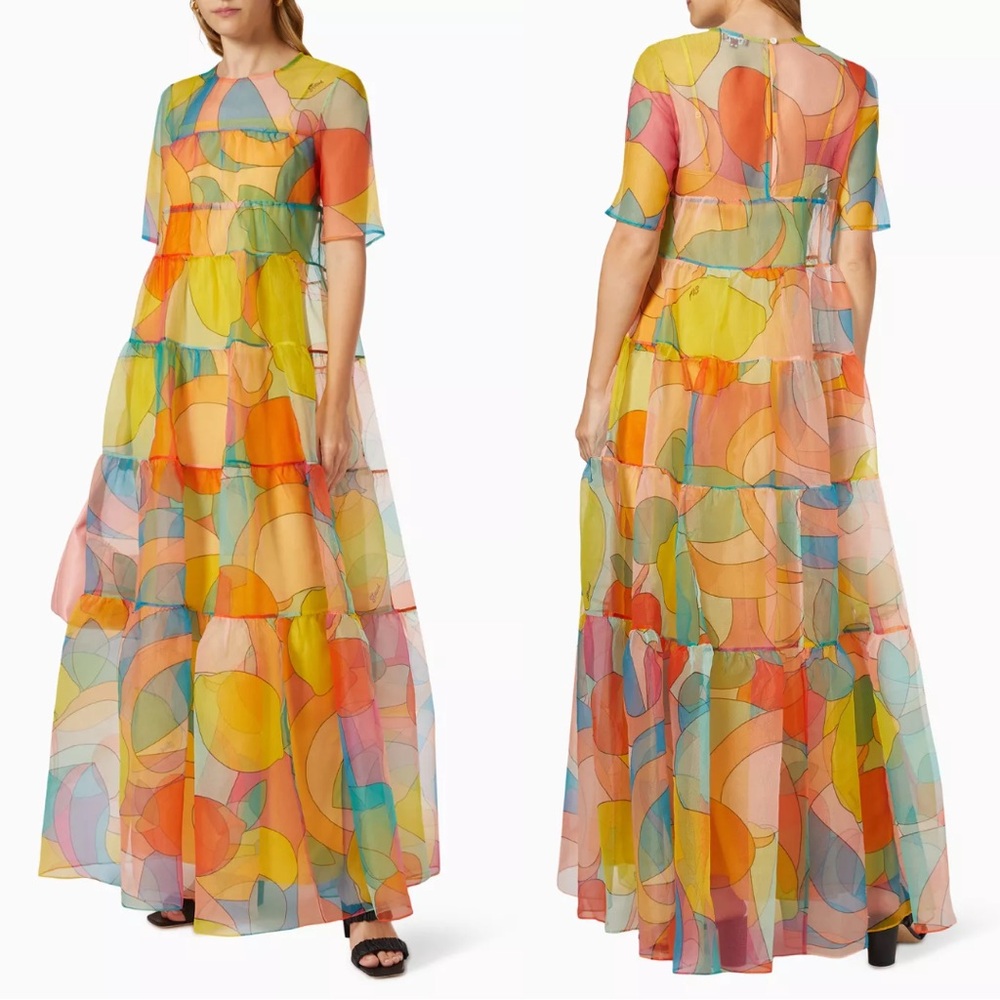 Colorful STAUD XS Hyacinth Organza Maxi Dress in Citrus Kaleidoscope